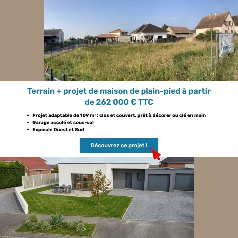Photo du terrain et visuel 3D du projet de maison de plain-pied à Oberhergheim